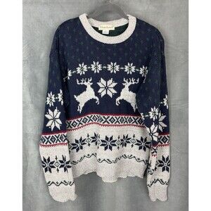 Vintage GreatLand Cotton Crewneck Sweater Sz Large Holiday Nordic Fair Isle Stag
